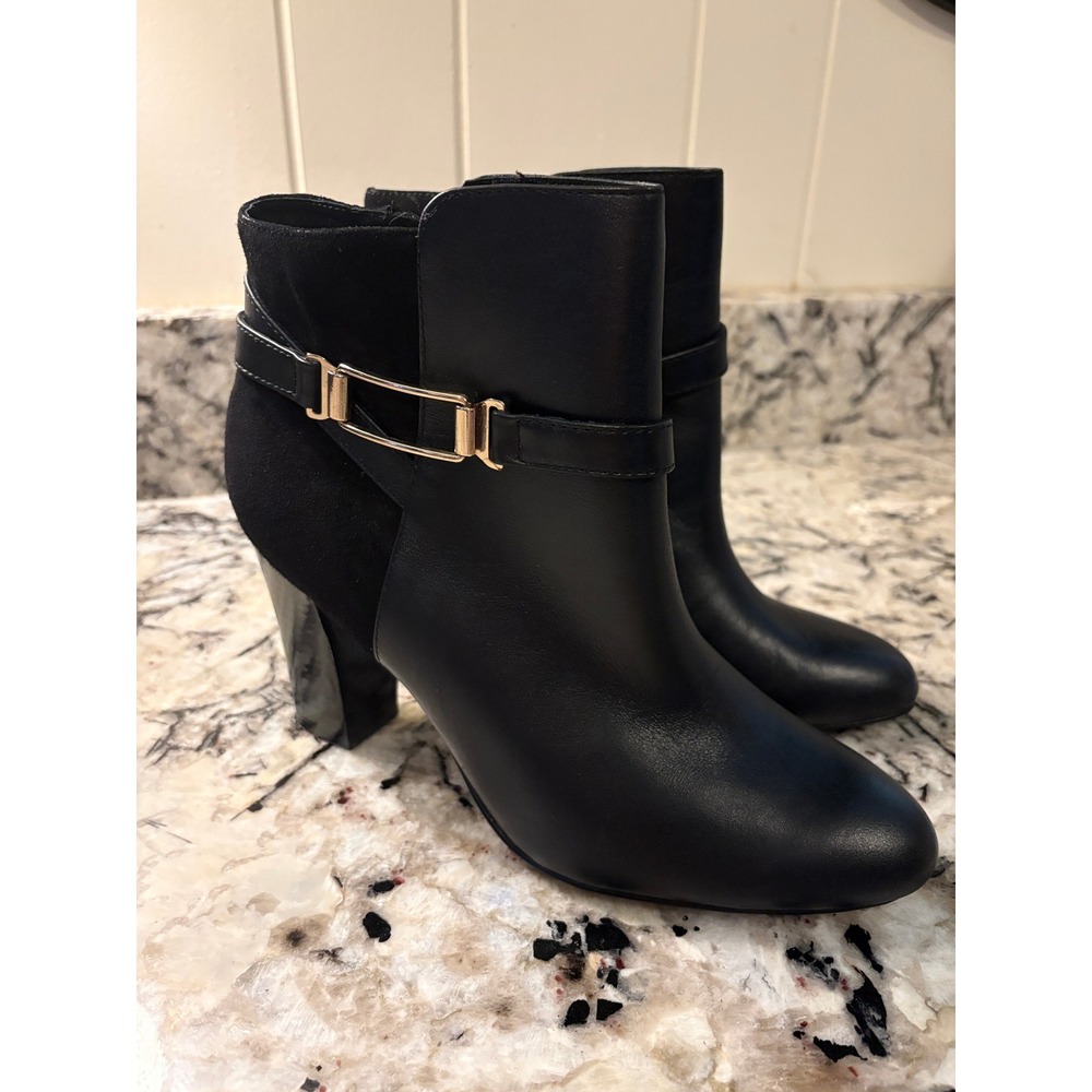 Isola Eppie Ankle Boots 10M Black Leather Suede Gold Buckle Block Heel